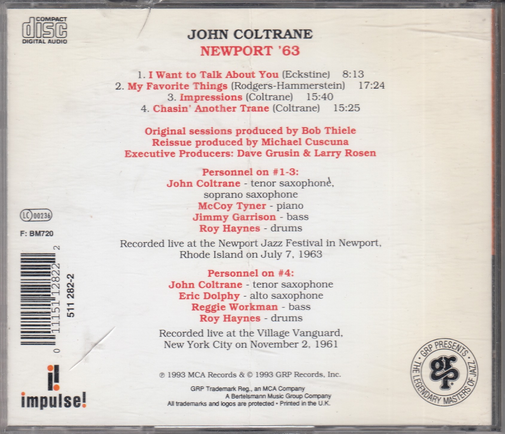 John Coltrane - Newport '63 - Impulse! GRP 11282 - Amerika 1993 - Görsel 2