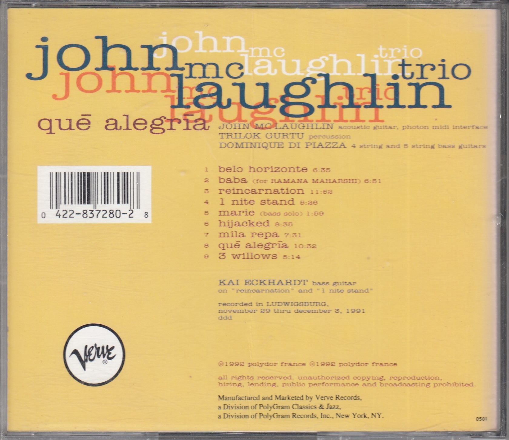 John McLAUGHLIN Trio - Qué Alegría - VERVE Records 837 280-2 - Fransa 1992 - Görsel 2