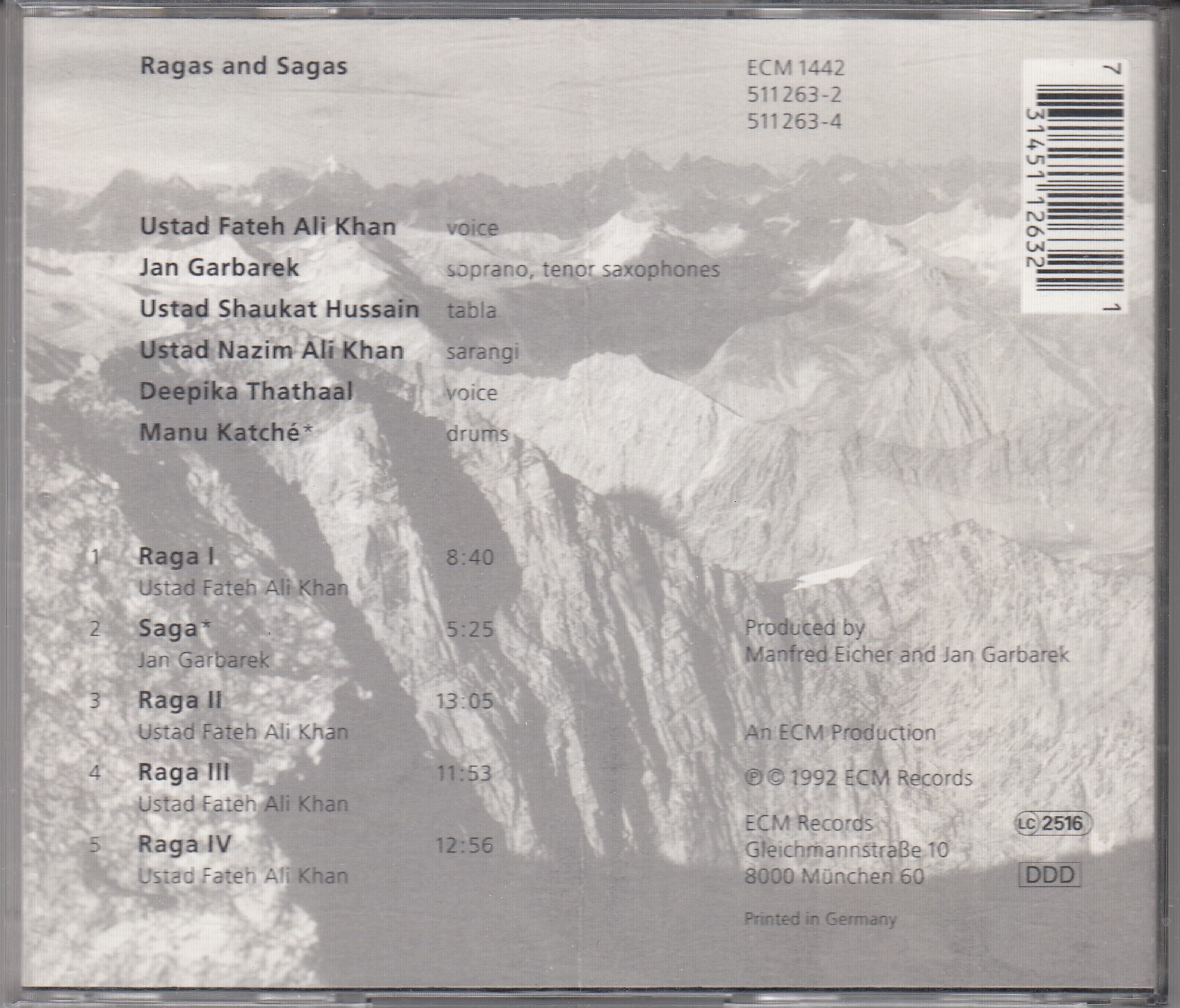 Jan GABAREK - Ustad Fateh Ali KHAN & Musicians From Pakistan - Ragas And Sagas - ECM Records ECM 1442 - Almanya 1992 - Görsel 2
