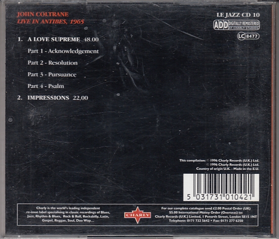 John COLTRANE - Live In Antibes, 1965 - CHARLY Records LE JAZZ CD 10 - İngiltere 1993 - Görsel 2