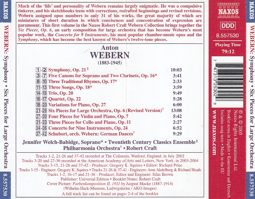 WEBERN - Robert CRAFT - Symphony Six Pieces Concerto For 9 Instruments - NAXOS 8.557530 - EU 2005 - Görsel 2
