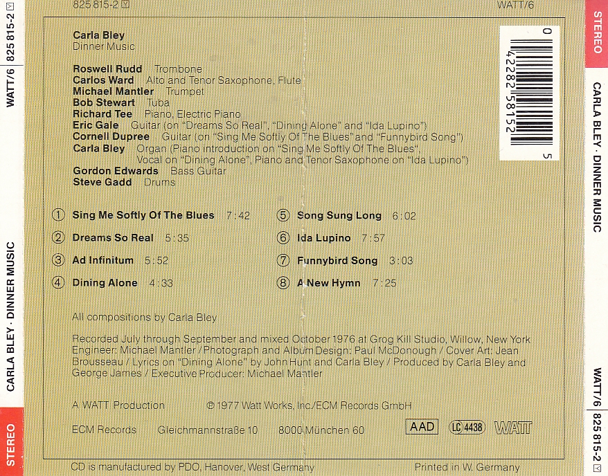 Carla BLEY - Dinner Music - WATT WATT/6 - Almanya - Görsel 2