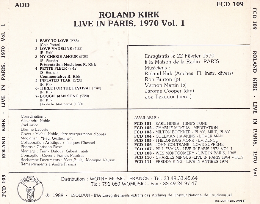 Roland KIRK - Live In Paris, 1970 Vol. 1 - FRANCE's CONCERT FCD 109 - Fransa 1988 - Görsel 2