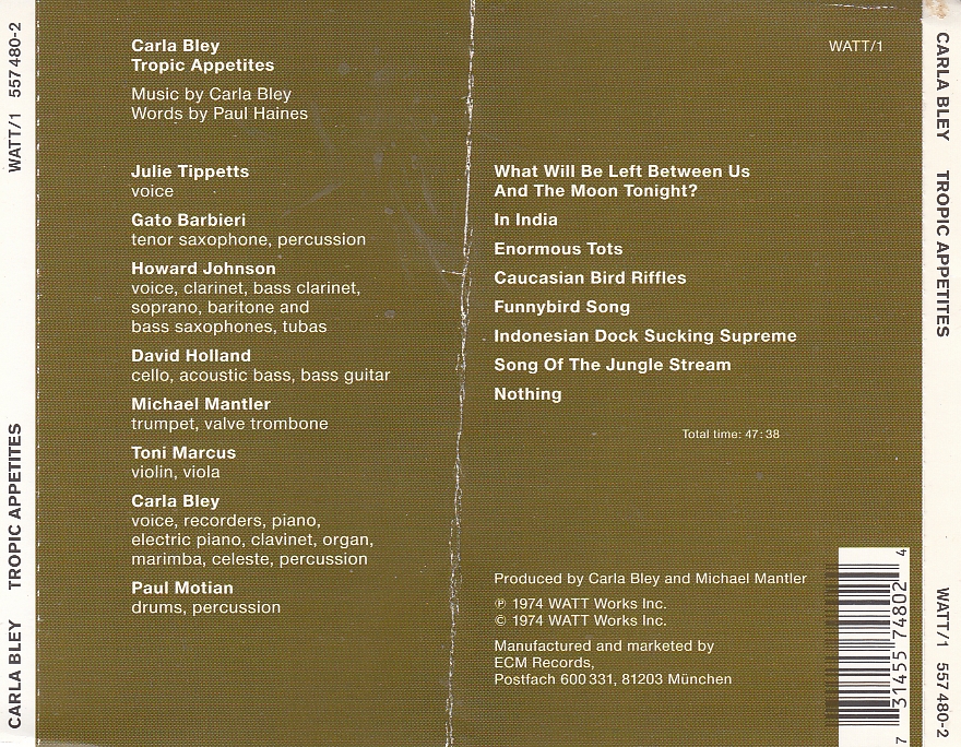 Carla BLEY - Tropic Appetites - WATT WATT/1 - Görsel 2