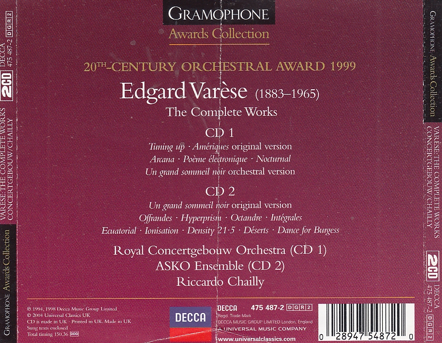 Varèse, Royal Concertgebouw Orchestra, ASKO Ensemble, Riccardo CHAILLY - The Complete Works - DECCA 475 487-2 - İngiltere 2004 - 2CD - Görsel 2